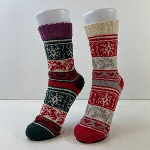 Womens Crew Socks Set 2 Fair Isle Holiday Knit Pattern Red Green Gray Beige